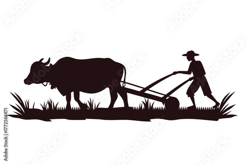 Silhouette of Asian farmer plowing the field with ox in rural agricultural scene