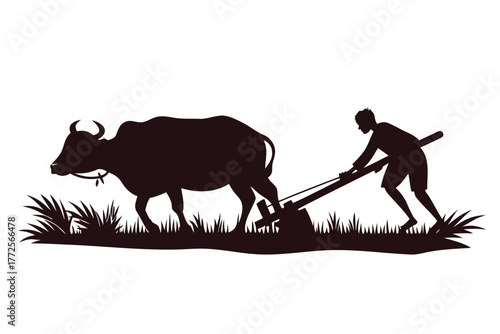 South Asian man diligently plows the field using an ox in silhouette against white
