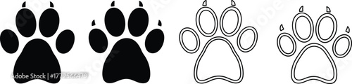Simple black paw print, animal track, pet foot, wildlife, feline, canine, mammal silhouette vector illustration for design element and backgrounds.