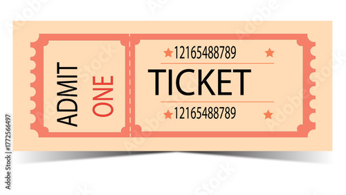A vintagestyle ticket that reads admit one on one side and ticket with a number on the other, on a light peach background