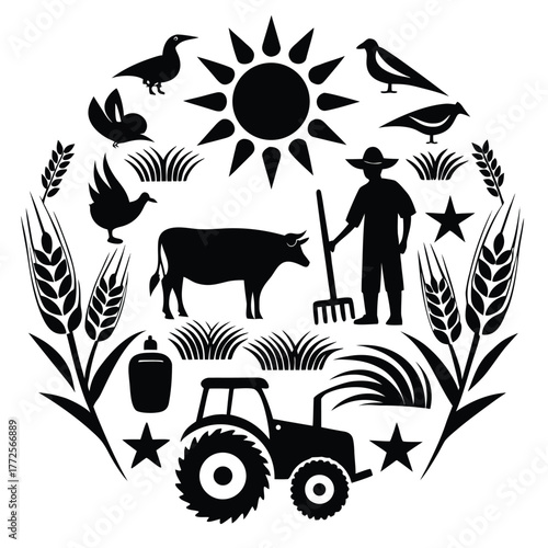 Black silhouette farm scenery with farmer, cow, birds, sun, grass, wheat, and tractor