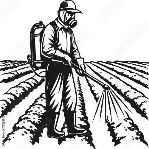 Monochrome worker sprays field crops wearing protective gear with a sprayer tank on his back