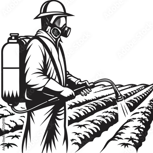 Farmworker in protective gear sprays monochrome field with backpack sprayer on an agricultural landscape