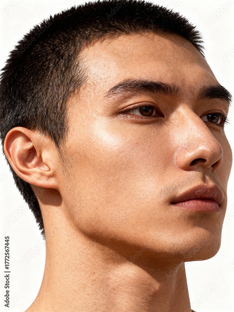 Obraz premium Close-up portrait of young man with sharp features and smooth skin under natural light with soft shadows, perfect for skincare, lifestyle or grooming campaigns