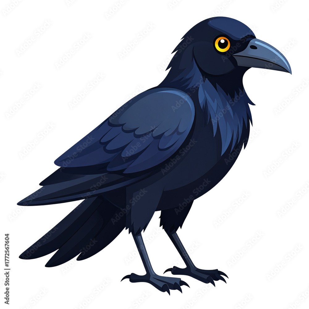 Fototapeta premium Cartoon black raven with shiny feathers and sharp gaze. Sleek vector perfect for nature, wildlife themes, mystical designs, and artistic bird illustrations in dark style