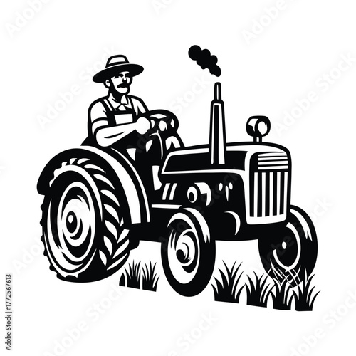 Silhouette farmer is riding old tractor, with the smoke coming from the exhaust pipe