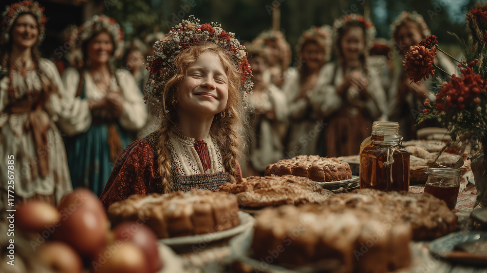 Fototapeta premium Join us as we celebrate the vibrant culture of Slavic villages through a delightful array of traditional foods and joyful gatherings that bring the community together!