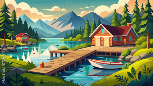 Very beautiful view of a small dock at a home in the rural community of Newman Lake, Washington, USA, with neighboring waterfront homes, boat slips, and calm lake waters surrounded by lush greenery.