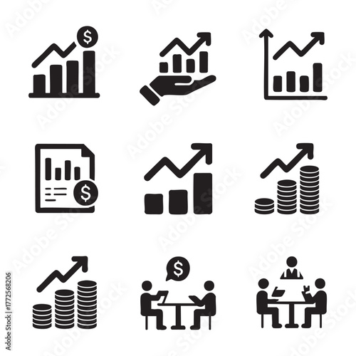 Collection of black business finance and growth icons on white background chart