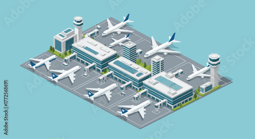 Modern airport terminal with multiple airplanes parked at gates and a control tower guiding air traffic, showcasing global travel and connectivity