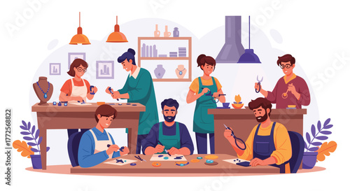 Creative artisans collaborating to design and craft beautiful jewelry in a vibrant workshop setting, fostering community and skill development