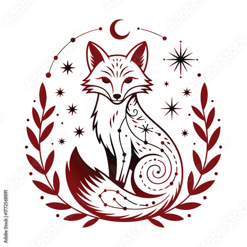 Crimson fox with celestial elements and foliage border animal moon