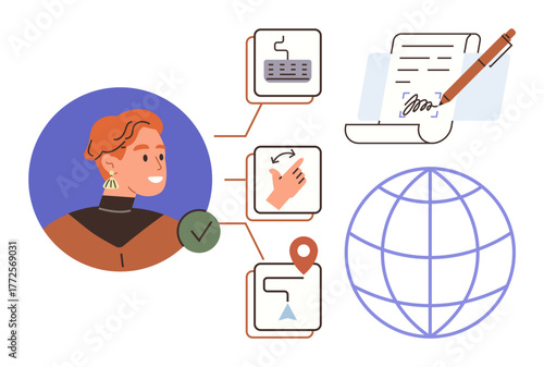 Person with document signing, navigation marker, keyboard, gesture, and globe icons. Ideal for online processes, remote work, navigation, user interaction workflow document management simple flat