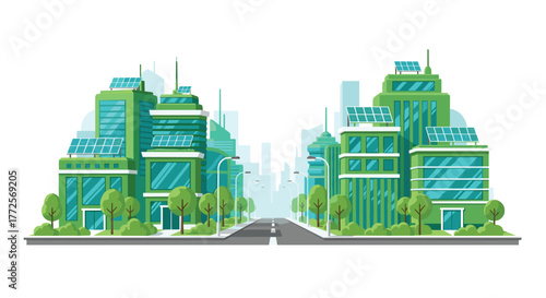 Vibrant green cityscape showcasing modern eco friendly buildings with solar panels and lush trees, symbolizing sustainability and urban growth