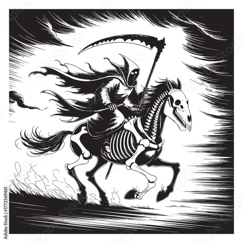 Grim Reaper on skeletal horse with scythe in black and white illustration death skeleton horse