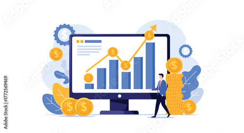 Ambitious businessman tracking financial growth and investment success with dynamic digital charts and abundant golden coins