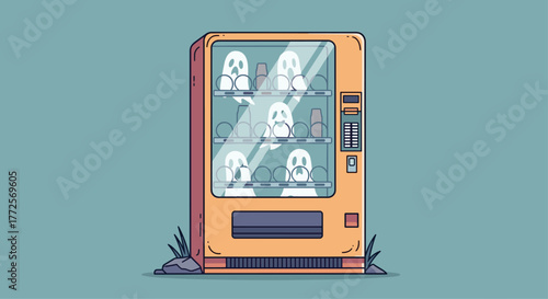 Spooky ghosts trapped inside a vintage vending machine, a whimsical and eerie concept for Halloween or supernatural themes