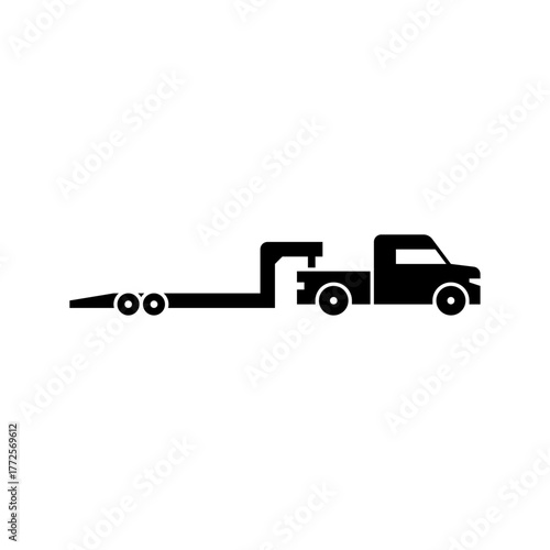 truck with gooseneck trailer glyph icon. pick up truck solid black illustration.