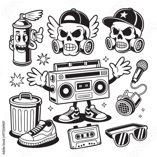 Graffiti skulls boombox spray can microphone cassette tape and sunglasses vector