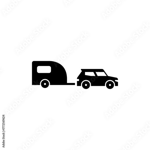 car with camper trailer glyph icon. camper trailer solid black illustration.