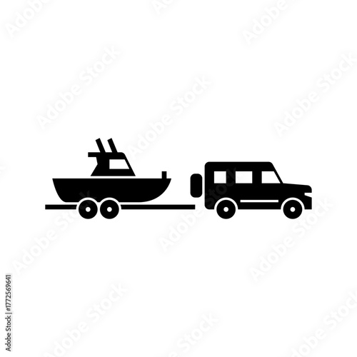 truck with boat trailer glyph icon. boat trailer solid black illustration.