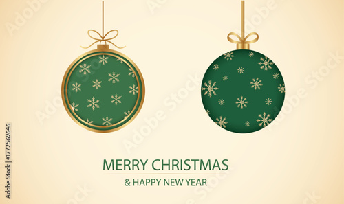 Festive green christmas ornaments with snowflakes and greetings on soft textured background illustration