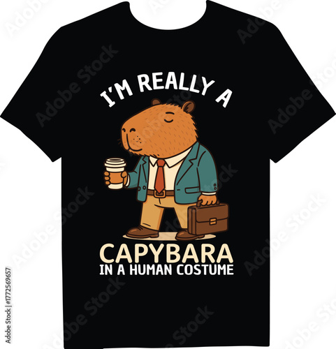 A black tshirt featuring a capybara in a human costume holding a briefcase and coffee, with the text im really a capybara in a human costume