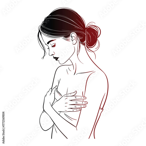 Line art illustration of a woman with dark hair in a bun covering her chest female portrait