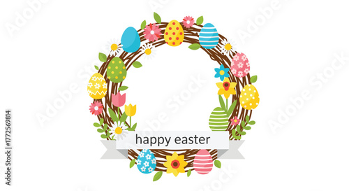 Vibrant Easter wreath bursting with colorful decorated eggs, cheerful flowers, and happy easter greeting banner