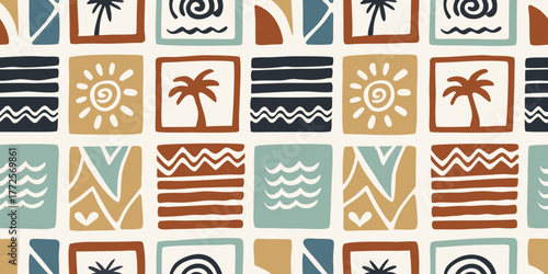 Bohemian retro tropical pattern with sun palm trees waves and abstract shapes