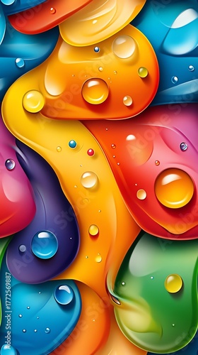 Vibrant colorful fluid abstract design with droplets