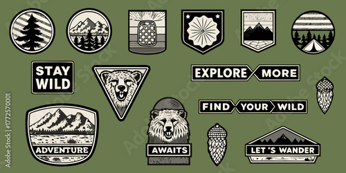 Collection of outdoor adventure patches featuring bears mountains trees and inspirational quotes