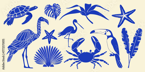 Collection of blue tropical wildlife and botanical silhouettes on a cream background