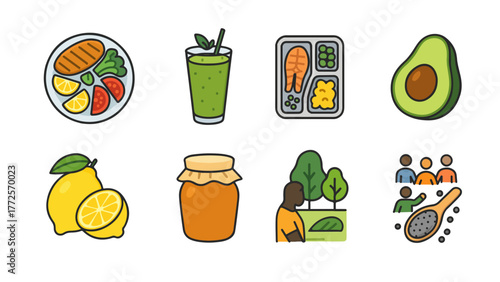 Nutrition and Healthy Living Vector Icons. nutritious foods, smoothies, salads, fruits, and outdoor activities. Perfect for wellness, vegan lifestyle, and diet awareness projects.