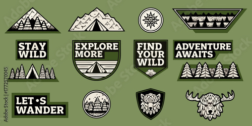 Collection of vintage outdoor adventure patches with inspirational slogans and nature illustrations