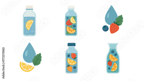 Fruit Infused Water and Refreshing Drink Icons. lemon, strawberry, and blueberry. Perfect for beverage branding, wellness campaigns, and healthy lifestyle designs.