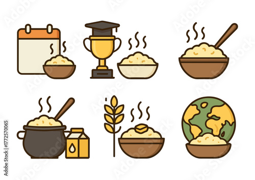 World Food Day and Rice Bowl Icons Collection. rice bowls, wheat, earth, and food awareness themes. Perfect for campaigns, charity, and global hunger awareness visuals.