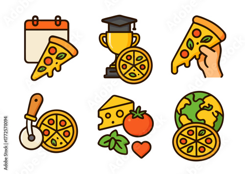 World Pizza Day and Italian Food Icons. pizza slices, cheese, tomato, and trophies representing pizza celebration. Ideal for restaurant marketing, pizza branding, and food design projects.