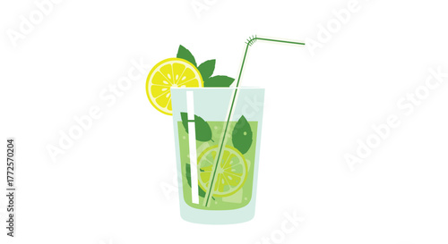 Refreshing cool lemonade with mint and lemon slices in a tall glass, perfect for summer advertising and healthy lifestyle content