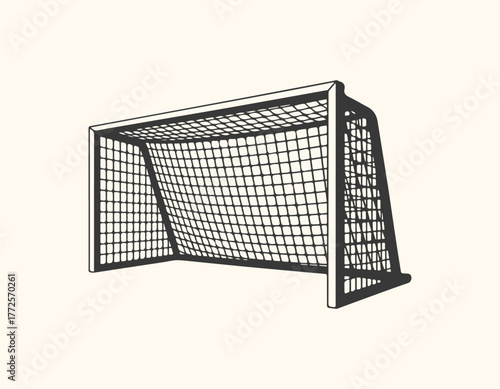 A black and white illustration of a soccer goal with a net, isolated on a light cream background