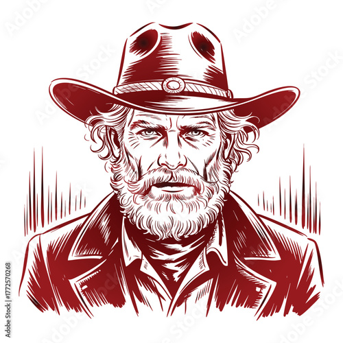 Red ink illustration of a stern bearded cowboy wearing a hat and jacket portrait