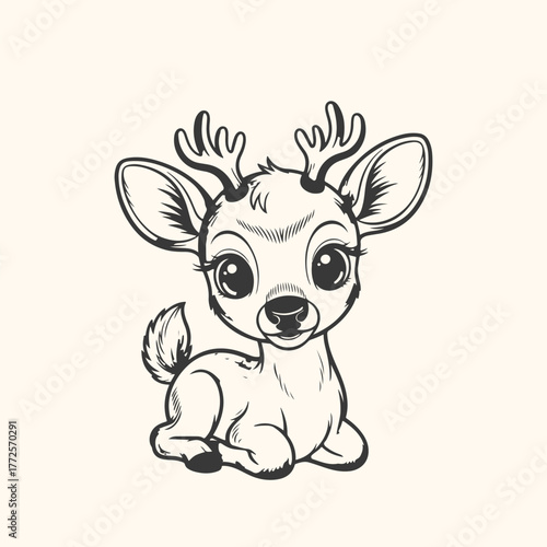Cute baby deer illustration, a charming handdrawn sketch of a young fawn with large eyes and small antlers, perfect for childrens themes