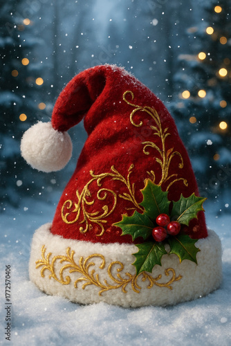 Festive santa hat adorned with golden embroidery and holly berries in snowy nature