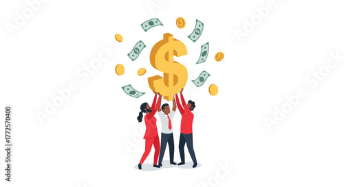 Diverse team celebrates financial success lifting golden dollar sign surrounded by falling banknotes and coins, embodying teamwork and prosperity