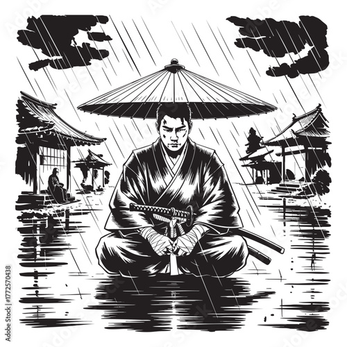 Samurai warrior sitting in rain under umbrella with katana and traditional Japanese buildings