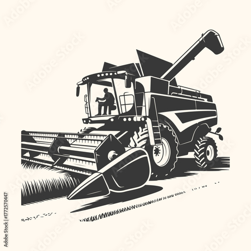 Combine harvester in a field, harvesting crops, agricultural machinery, farming equipment, rural scene