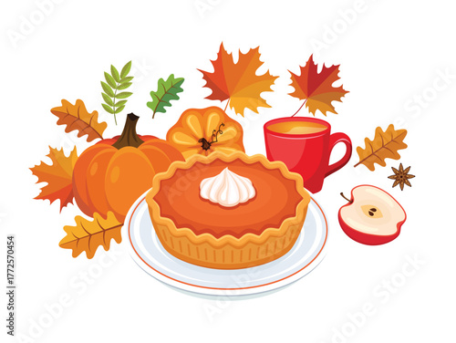 Sweet pumpkin pie with whipped cream on a plate vector illustration. Autumn decoration with cake, pumpkin, apple and tea icons on a white background. Pumpkin pie, cup of tea and autumn leaves drawing