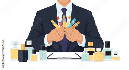 Professional businessman presents diverse perfume samples, showcasing fragrance collection and olfactory selection expertise for discerning buyers