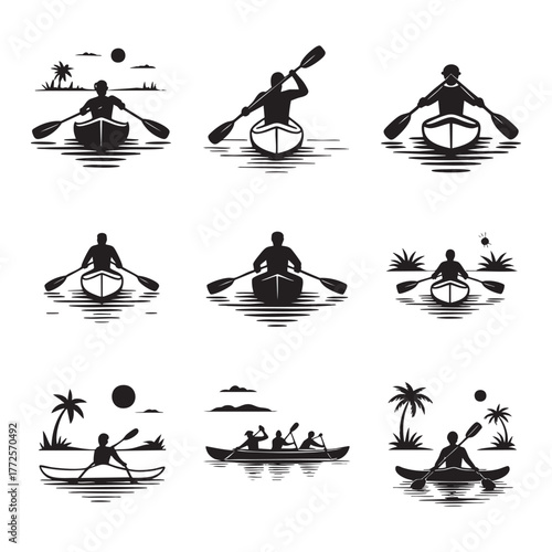Silhouettes of people kayaking and canoeing on water with tropical elements paddle