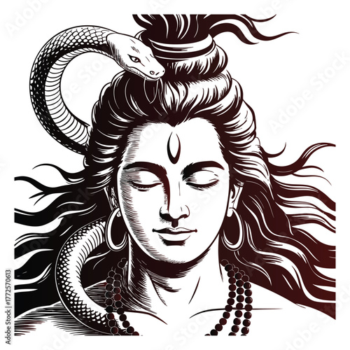 Stylized illustration of Hindu deity Shiva with cobra around his neck serpent